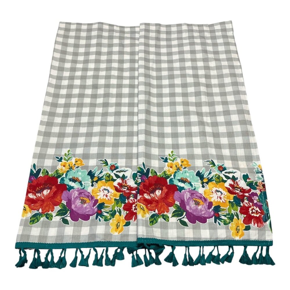 The Pioneer Woman 2-Panel Window Curtains – Gray Gingham with Bright Floral Bord